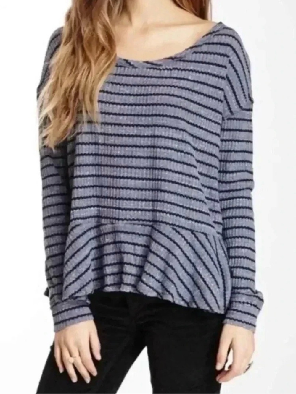 Free People We The Free Auntie Em Striped Thermal Waffle Knit Peplum Top M